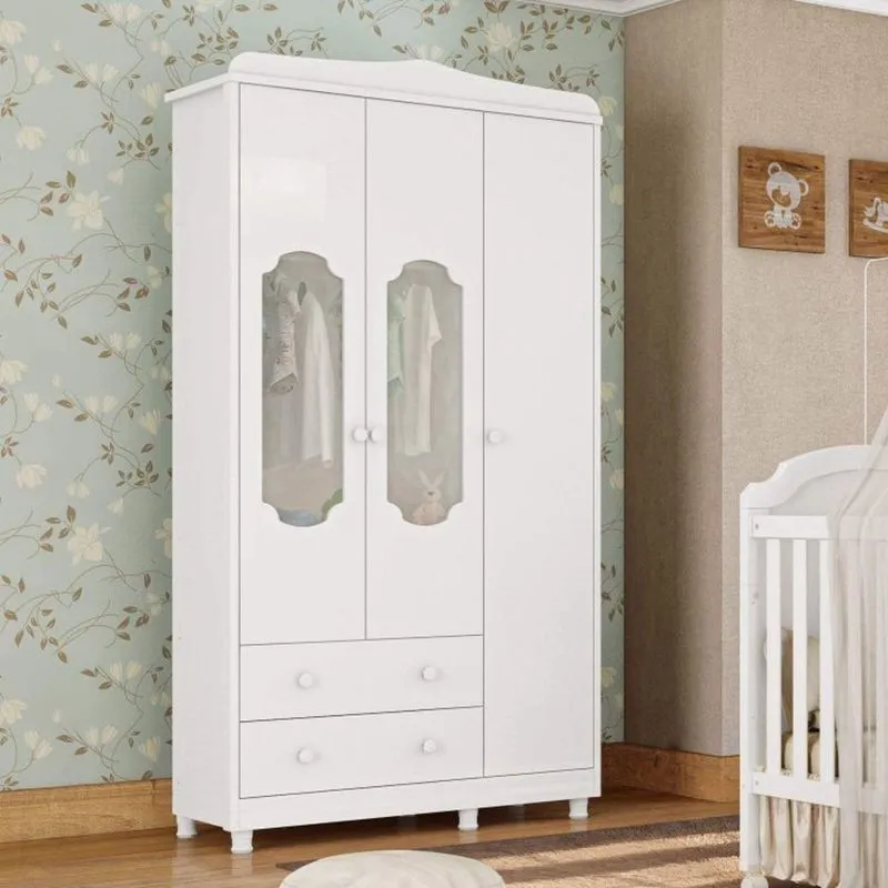Guarda Roupa Infantil 3 Portas 2 Gavetas Noah Móveis Peroba Branco