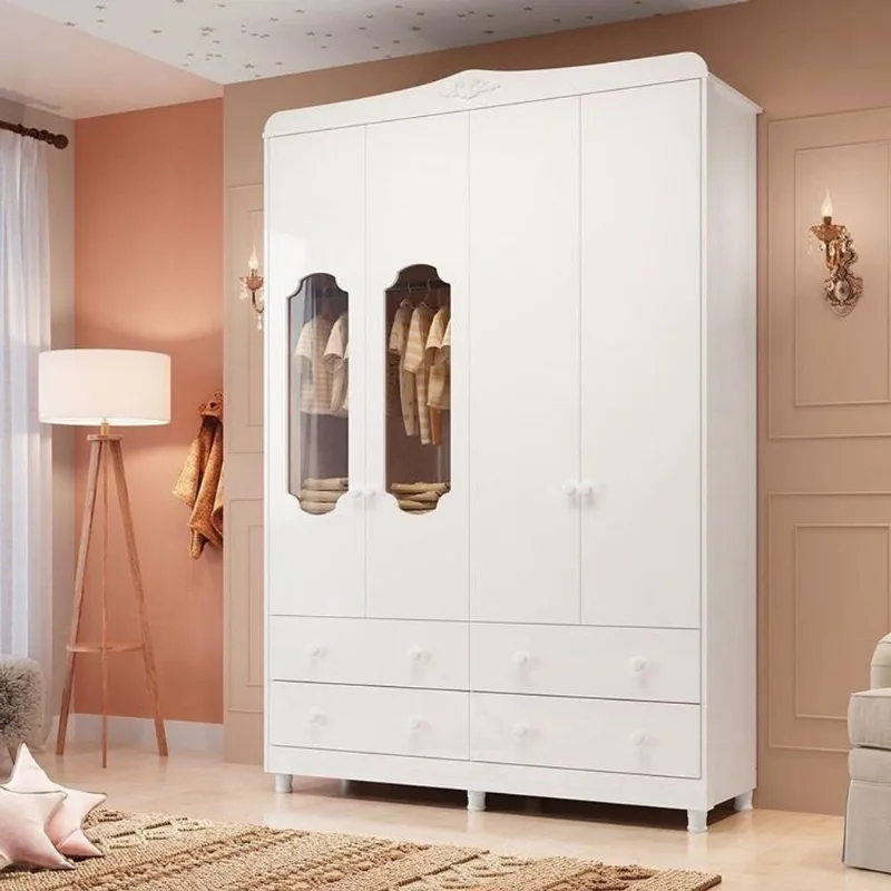 Guarda Roupa de Bebê 4 Portas com Janela e 4 Gavetas Maya Provençal Yescasa Branco/Brilho Branco Brilho