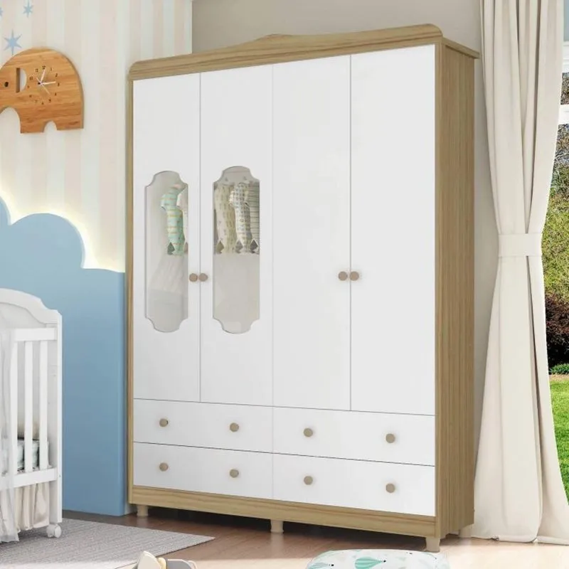 Guarda Roupa Infantil 4 Portas 4 Gavetas Noah Móveis Peroba Branco/Carvalho