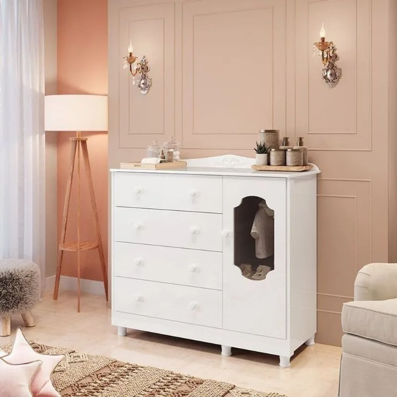 Cômoda de Bebê 1 Porta com Janela e 4 Gavetas Maya Provençal Yescasa Branco/Brilho Branco Brilho