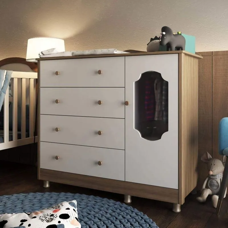 Cômoda para Quarto de Bebê 4 Gavetas 1 Porta Móveis Peroba Branco/Carvalho