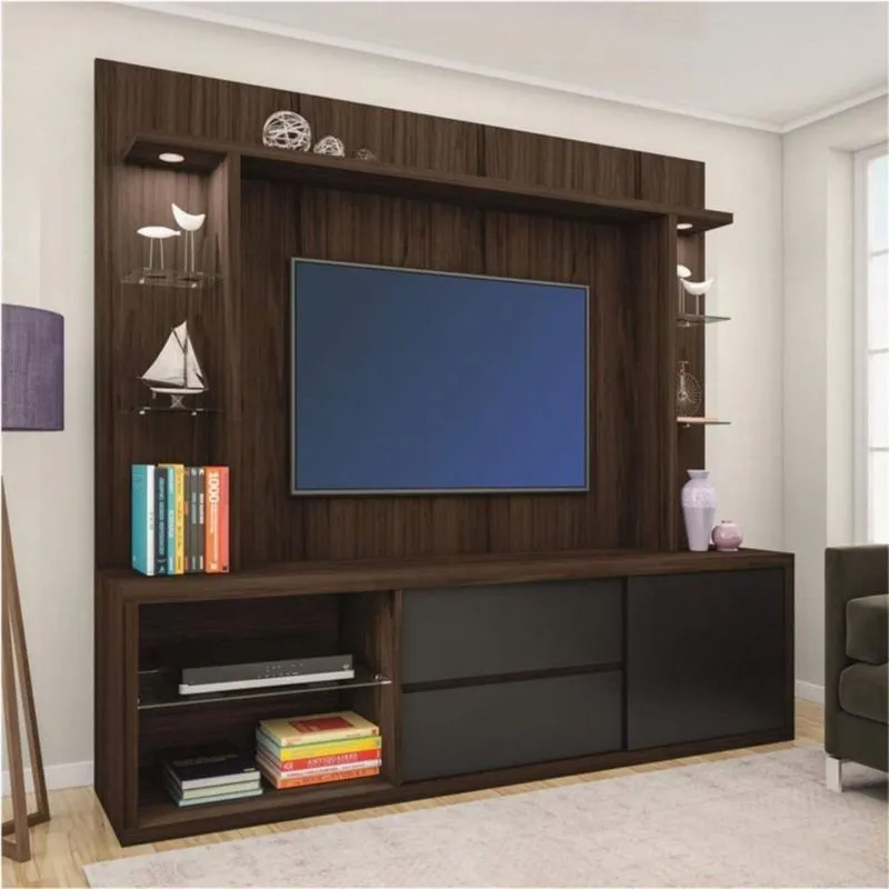 Estante para TV até 60 Polegadas com LED 5 Prateleiras de Vidro 2 Gavetas 1 Porta Treviso Casa D Castanho/Preto