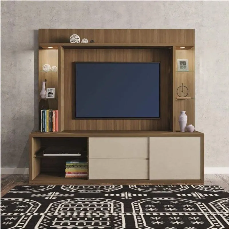 Estante para TV até 60 Polegadas com LED 5 Prateleiras de Vidro 2 Gavetas 1 Porta Treviso Casa D Noce/Off White