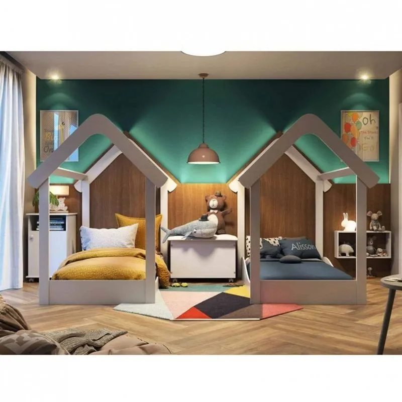 Quarto para Irmãos com 2 Camas Casinha, Baú, 2 Nichos e Mesinha de Apoio Móveis Peroba Branco