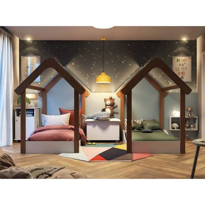 Quarto para Irmãos com 2 Camas Casinha, Baú, 2 Nichos e Mesinha de Apoio Móveis Peroba Branco/Carvalho