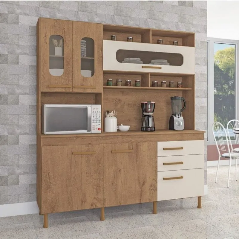 Cozinha Compacta Mônaco 5 Portas 3 Gavetas Criative Atualle Móveis Canelato Rústico/Natura Off White