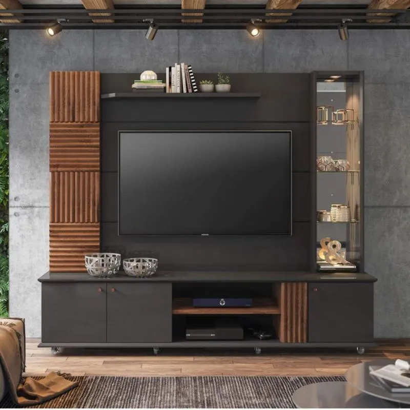 Estante Home para TV até 60 Polegadas com LED 3 Portas e Espelho Bahamas Permobili Chumbo/Savana