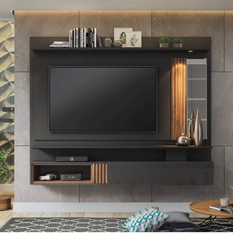 Painel para TV até 60 Polegadas com LED 1 Porta Bahamas e Espelho Permóbili Chumbo/Savana