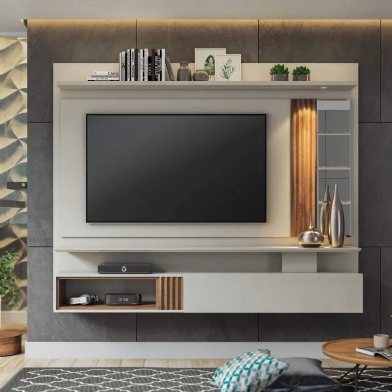 Painel para TV até 60 Polegadas com LED 1 Porta e Espelho Bahamas Permóbili Off White/Savana