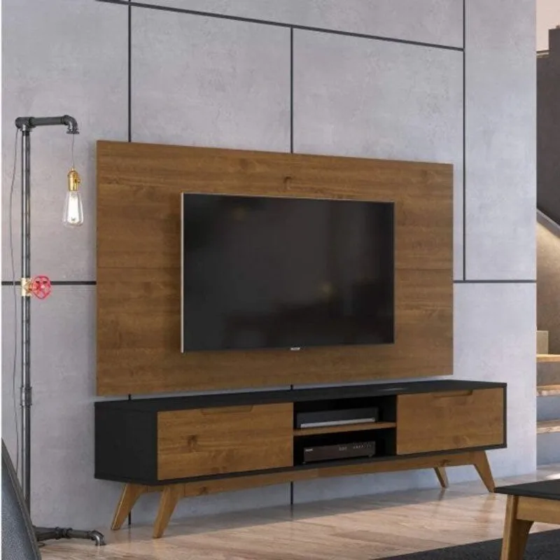 Rack para TV até 65 Polegadas 100% MDF 185cm Pés em Madeira Maciça 2 Gavetas Club Preto Preto/Garapa