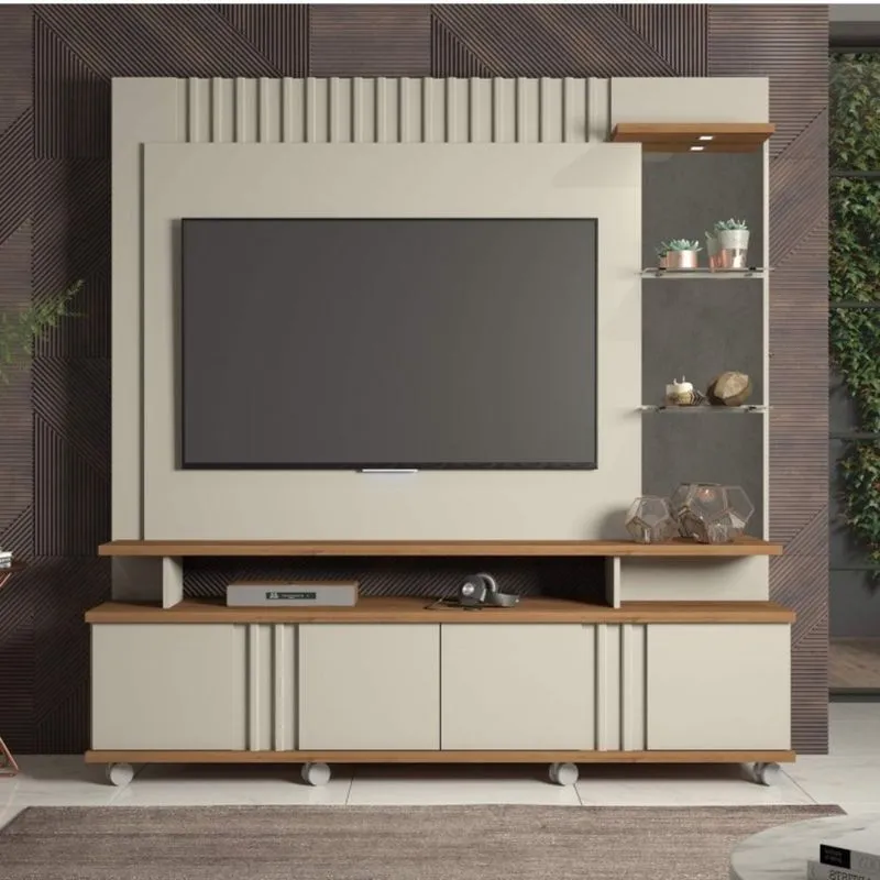 Estante Home para TV até 55 Polegadas com LED 4 Portas e Espelho Ipanema Permobili Off White/Savana