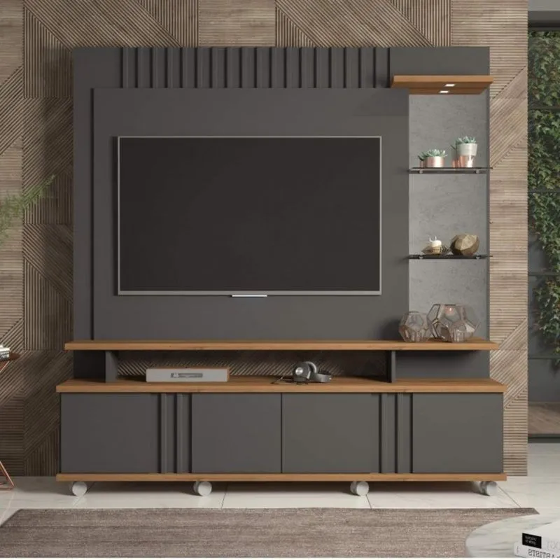 Estante Home para TV até 55 Polegadas com LED 4 Portas e Espelho Ipanema Permobili Chumbo/Savana