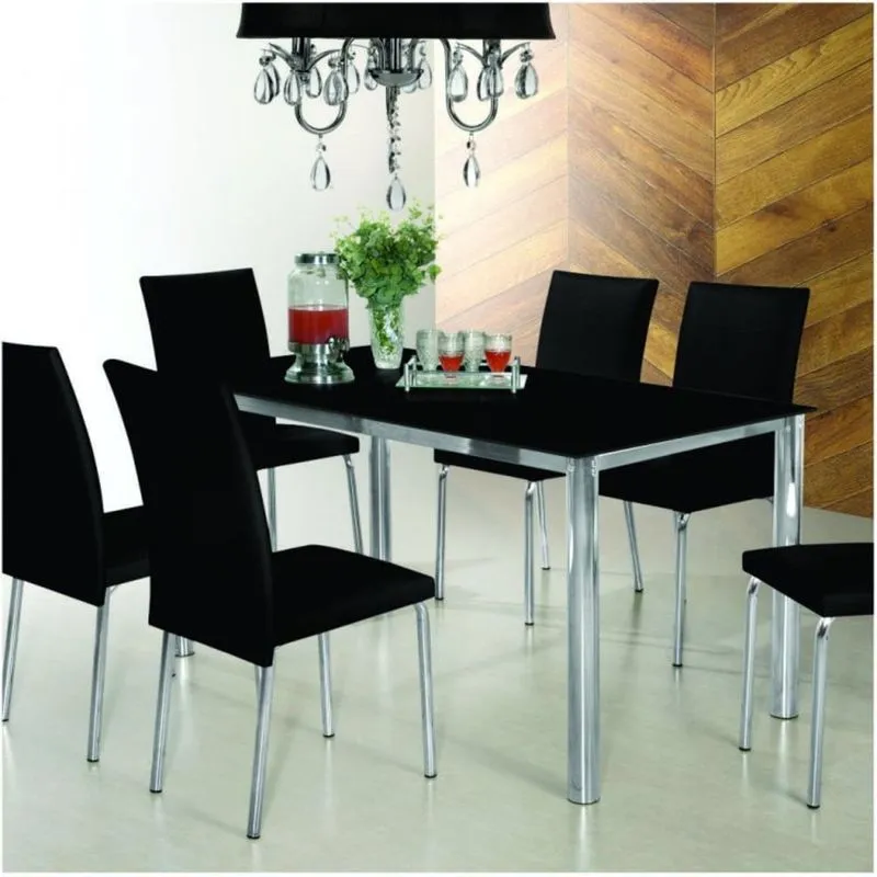Conjunto Sala de Jantar com Mesa Tampo de Vidro Diana e 4 Cadeiras Viana New Espresso Móveis Cromado/Preto