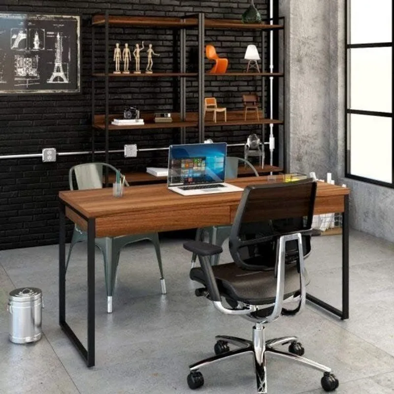 Escrivaninha Mesa Escritório Kuadra 2 Gavetas 150cm Industrial Nogal Marrom Nogal