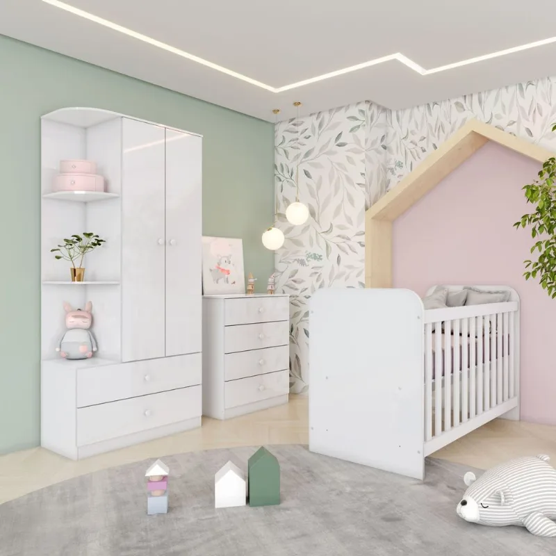 Quarto de Bebê Berço Guarda-Roupa e Cômoda Sonho Encantado Espresso Móveis Branco Branco