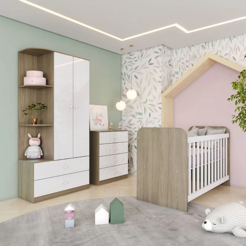 Quarto de Bebê Berço Guarda-Roupa e Cômoda Sonho Encantado Espresso Móveis Marrom/Rústico/Branc Rústico/Branco