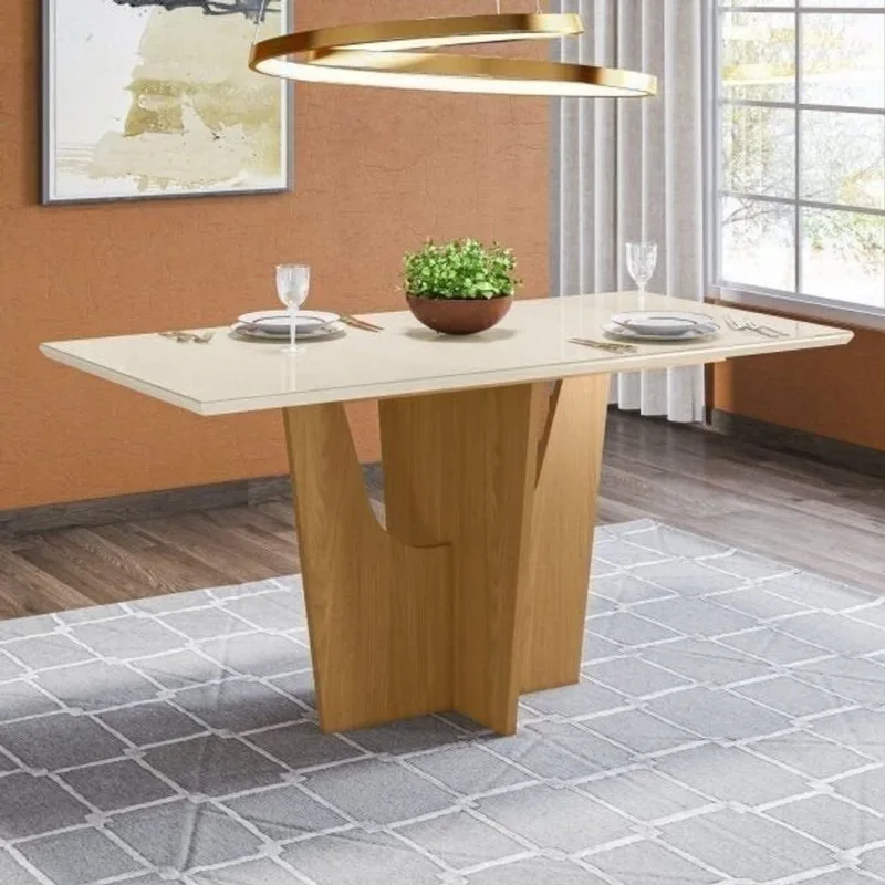 Mesa de Jantar com Tampo de Vidro 160cm Vértice Móveis Nature/Off White