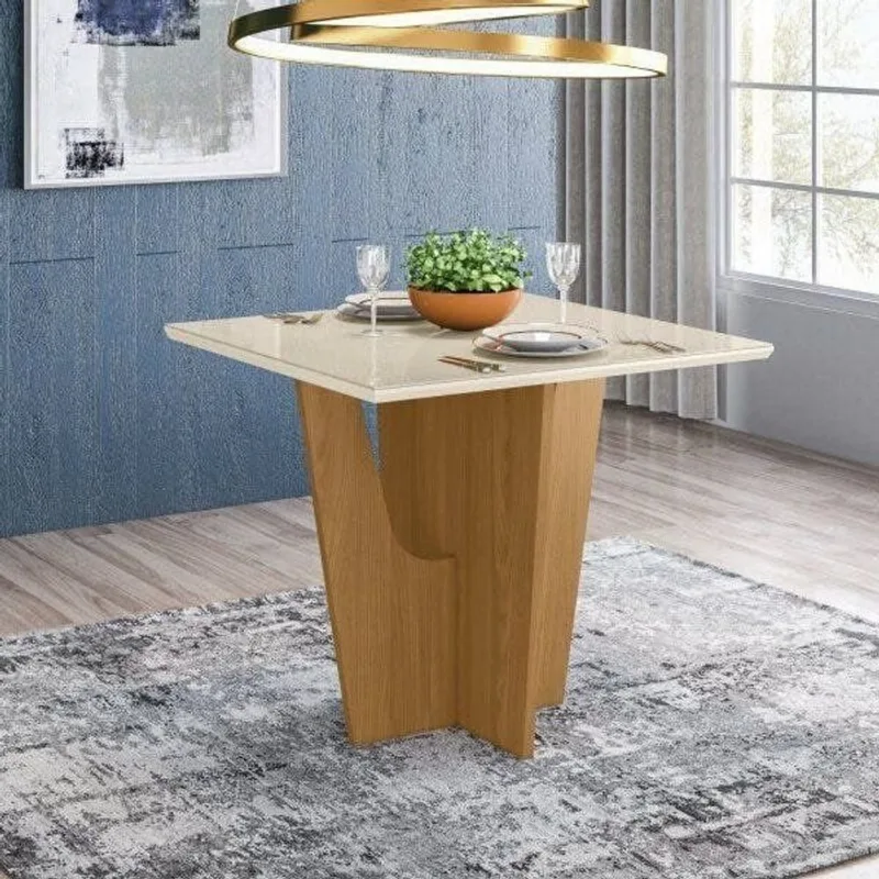Mesa de Jantar com Tampo de Vidro 90cm Vértice Móveis Nature/Off White