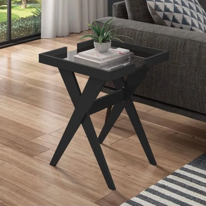 Mesa Lateral com Vidro Sweet Líder Design Caemmun Preto Fosco