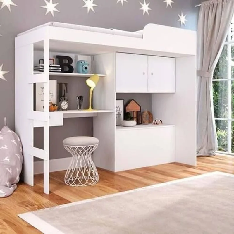 Cama Alta Solteiro Infantil/Juvenil Multifuncional com Baú e Estação de Trabalho 80 Lion Branco Branco