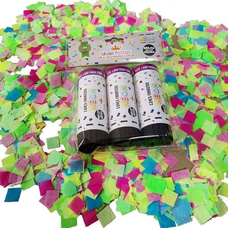 Lança Confete Neon 11cm Papel Quadrado - 3 Un