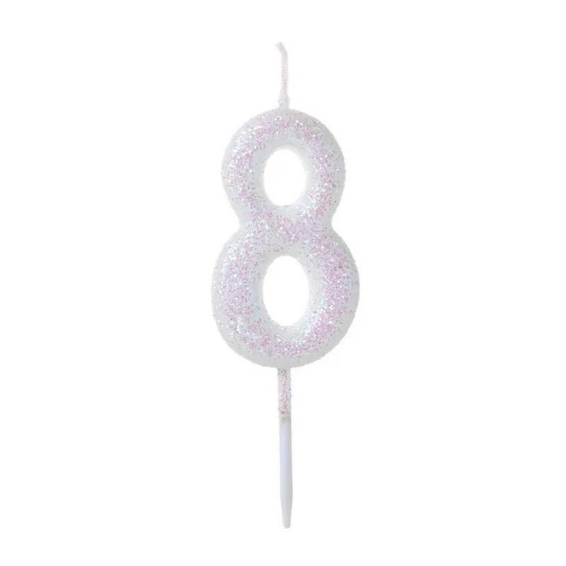 Vela Pequena Glitter Branca Número 8 - 1 Un