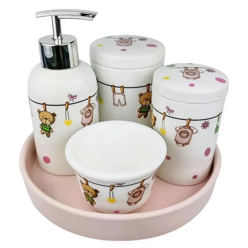 Kit Higiene Em Porcelana Infantil 5 Peças Colorido Ursinho