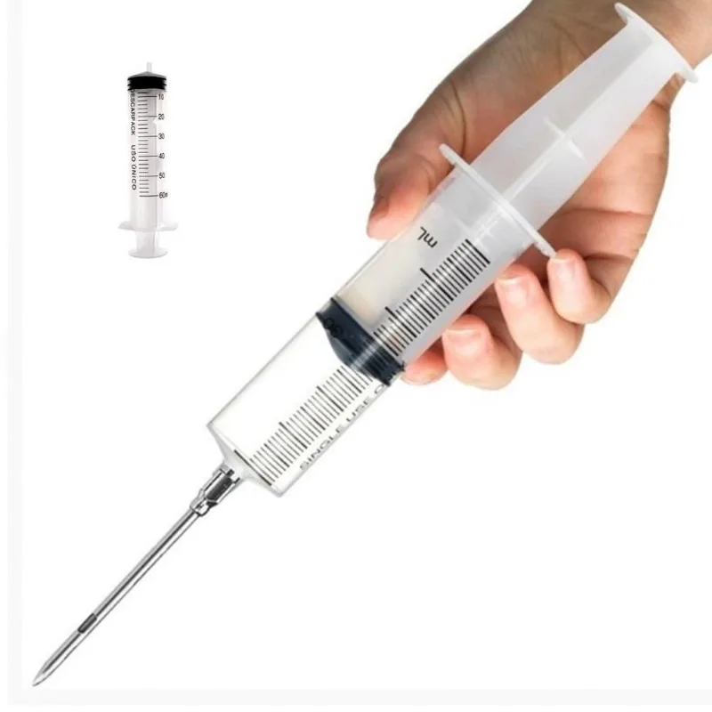 Injetor De Temperos Seringa Medidora Carne Churrasco Agulha Inox Grande 60ml Medidor Completa