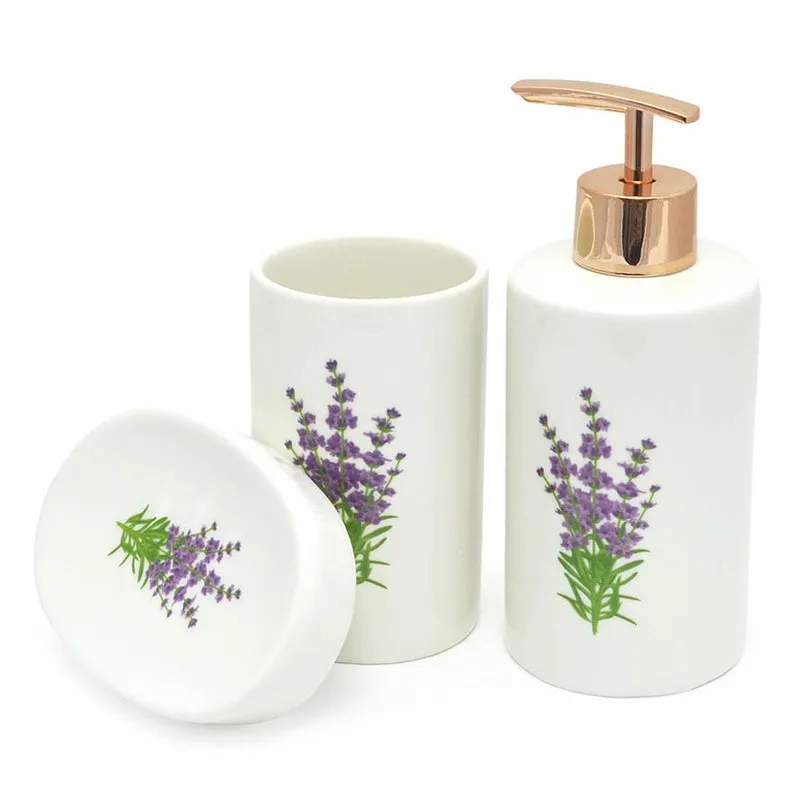 Kit Banheiro Lavabo 3 Peças Porcelana Lavanda Bico Rose Gold