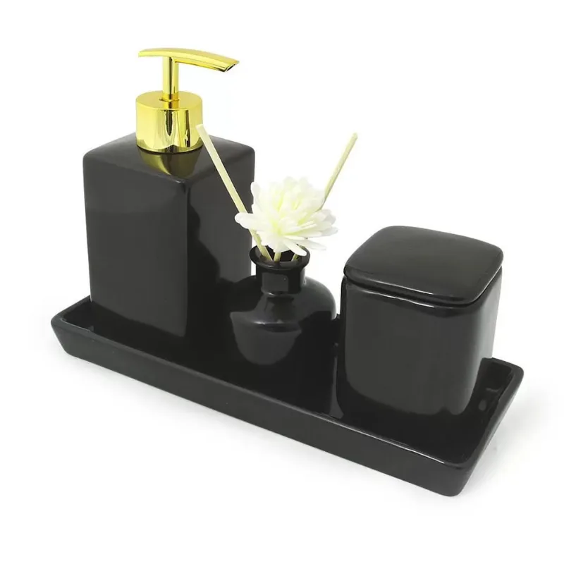 Jogo de Banheiro Porcelana - Preto - 4 Peças - Amigold