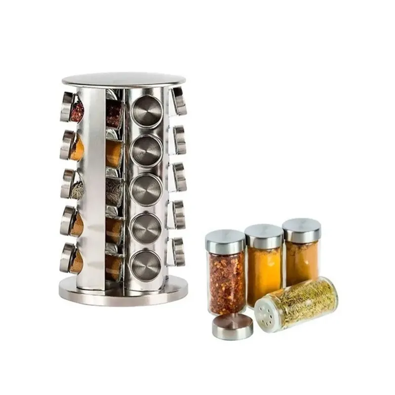 Porta Condimentos De Inox Giratório 20 Frascos Vidro Aço Escovado Com Suporte Casa Decoração Utensílios De Cozinha 3822