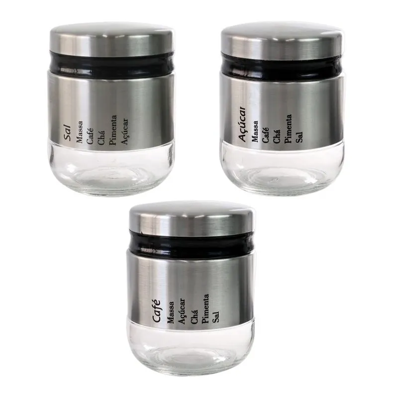 Jogo de porta tempero 3 pçs de inox E vidro 300ML