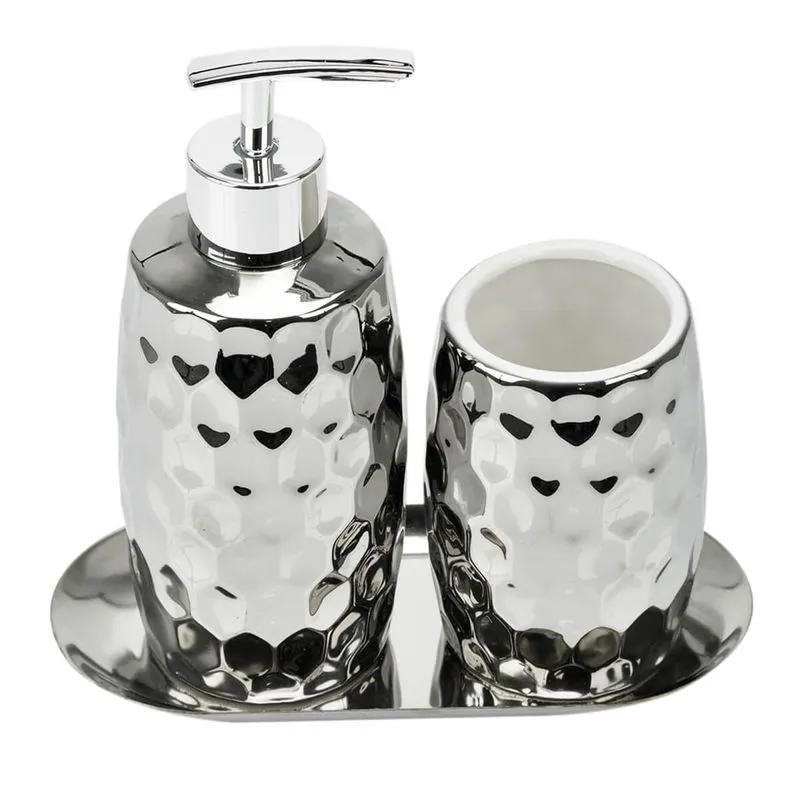 Kit De Banheiro Lavabo 3 Peças Estilo Martelado Prata 3871