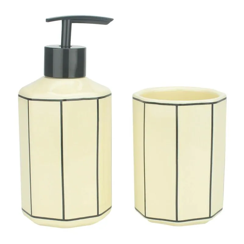 Kit Banheiro Lavabo Porcelana 2 Peças Hexagono Listras Bege