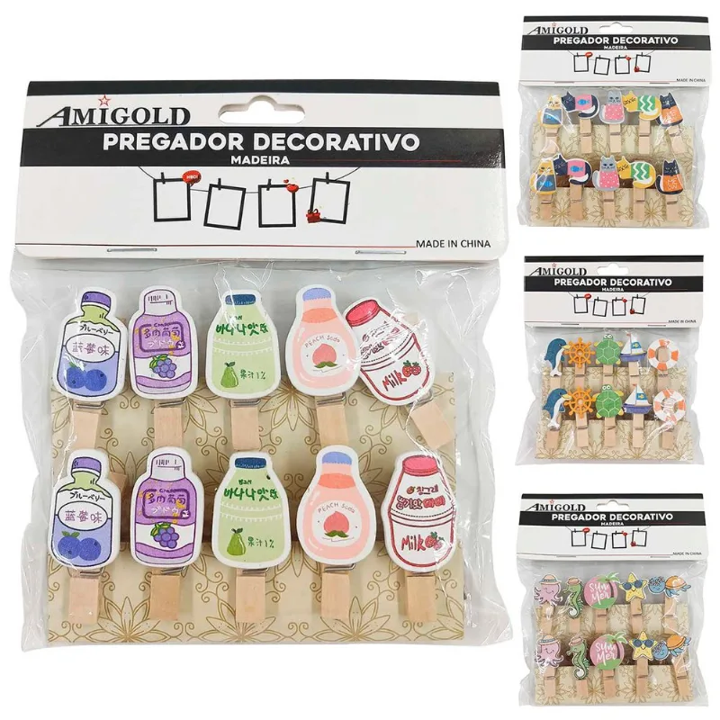 Jogo de Mini Prendedor Decorativo 10 Peças em MDF Amigold