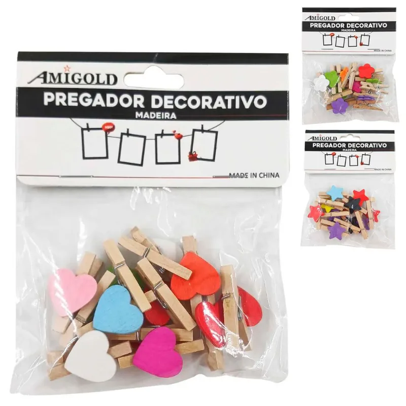 Jogo de Mini Prendedores Decorativos 12 Peças em MDF Amigold