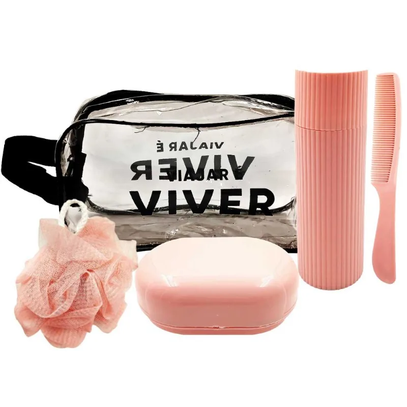 Kit Viagem C/ Nécessaire 5 Peças Em Plástico Amigold-Rosa