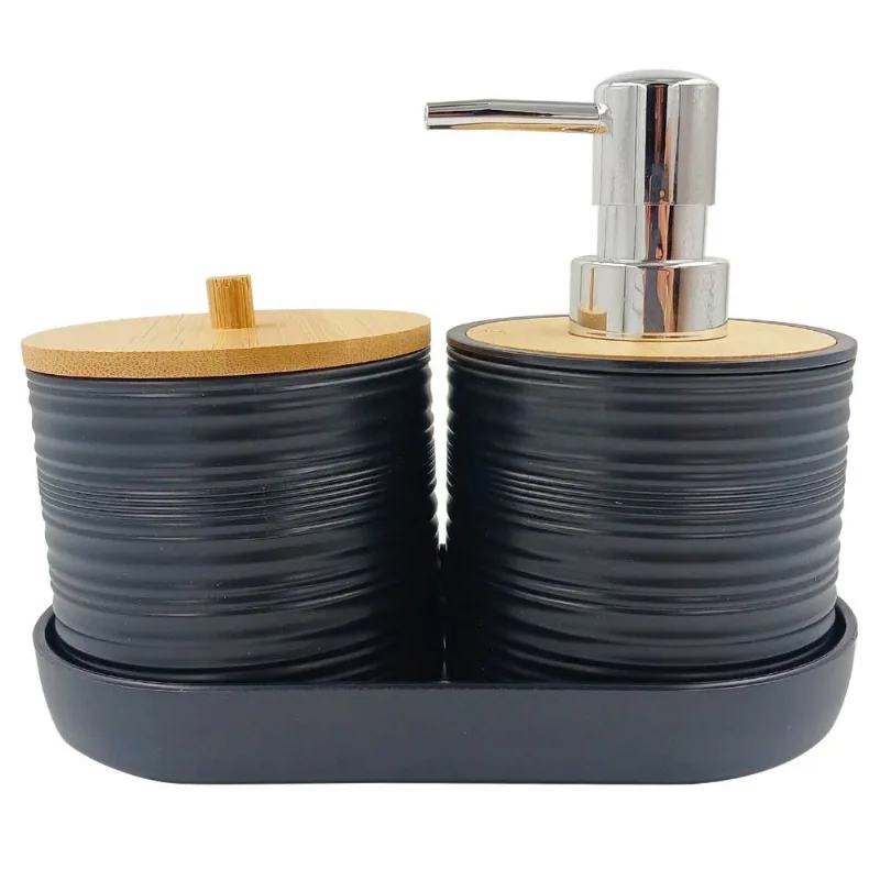 Kit Banheiro C/ Tampa Bambu 3 Peças em Plástico Amigold-Preto