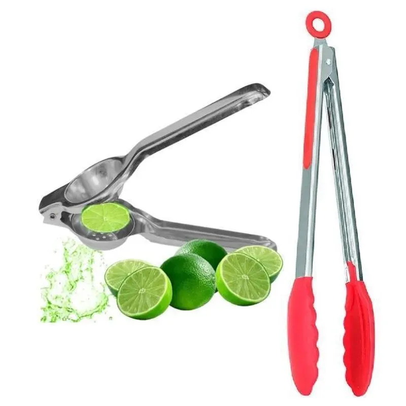 Kit Pegador Pinça + Espremedor De Limão Goumert Em Aço Inox