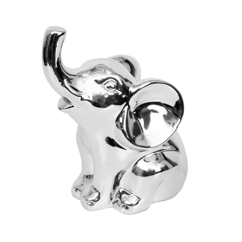 Enfeite Decorativo Em Cerâmica Cofre Elefante Grande Prateado
