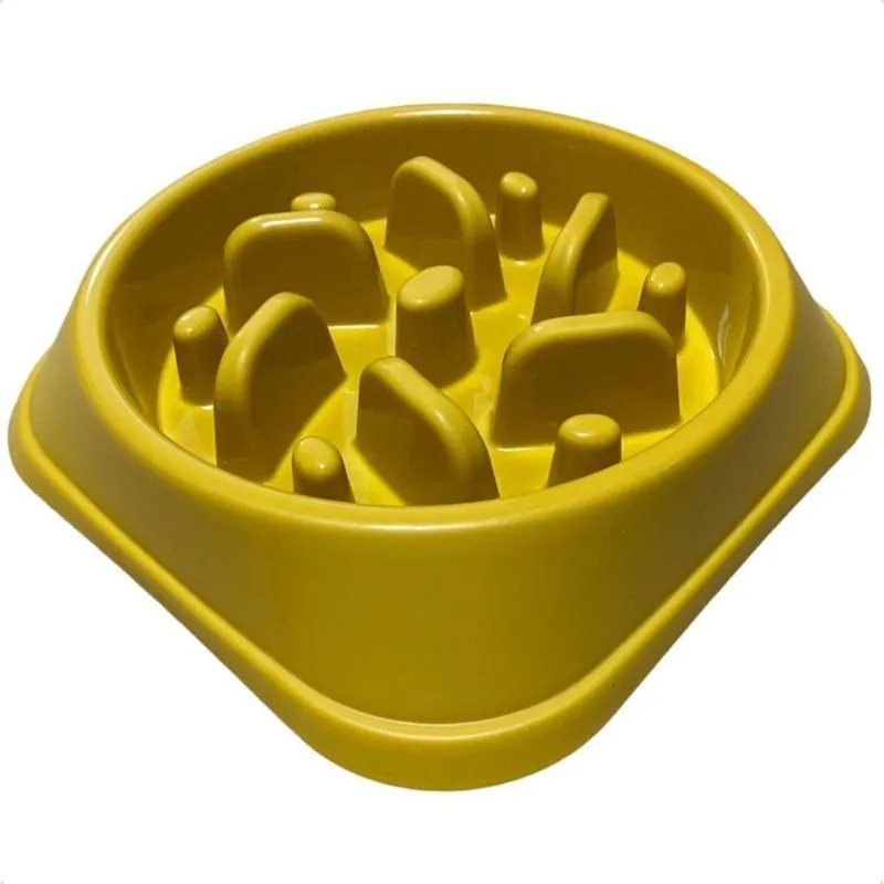 Comedouro Lento Pets Cães Gatos 450Ml Tigela Fluffie Amarelo