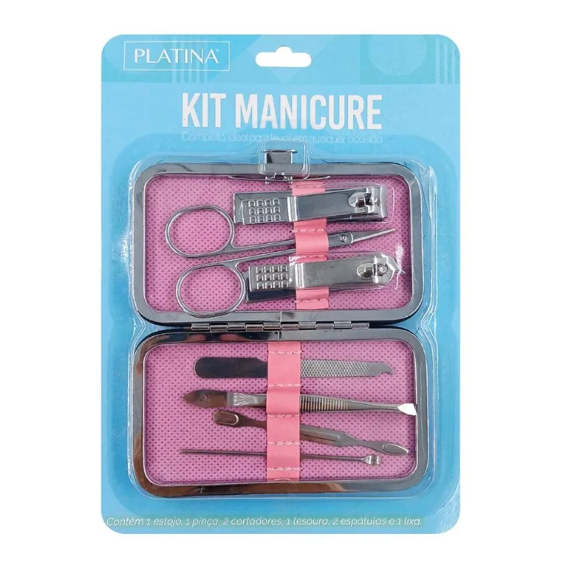 Kit Manicure C/ Estojo 8 Peças em Aço Inox Moment-Rosa