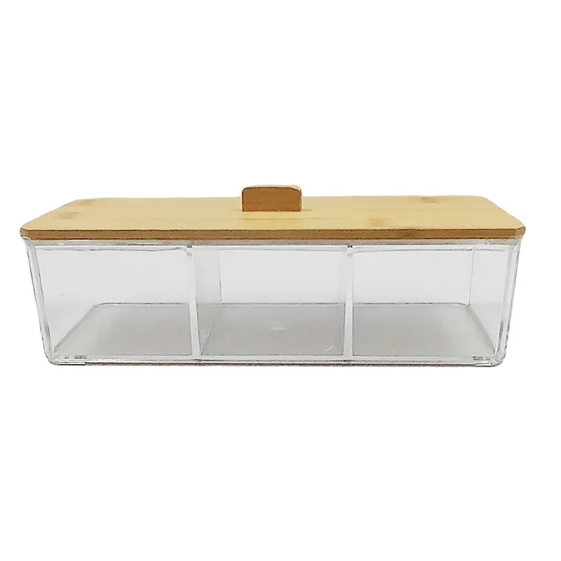 Porta Algodão Triplo C/ Tampa Bambu 23cm em Plástico Moment