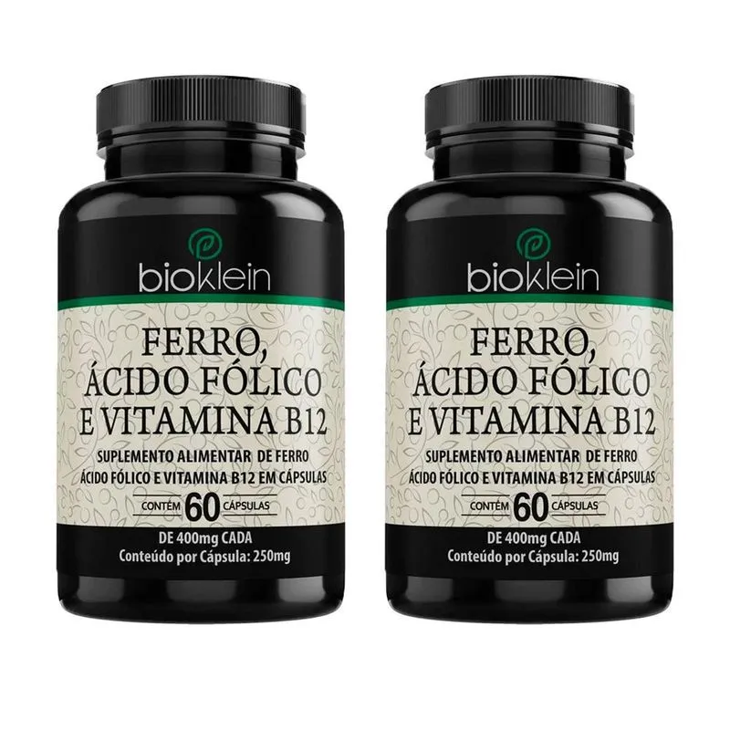 Kit 2 Ferro, Ácido Fólico E Vit B12 - 60 Cápsulas -bioklein
