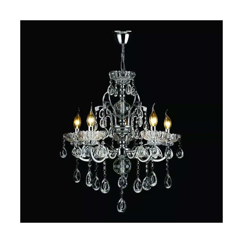 Pendente de Cristal e Metal Cromado 5 Lâmpadas E14 46x50cm - Sindora DCD00405-5