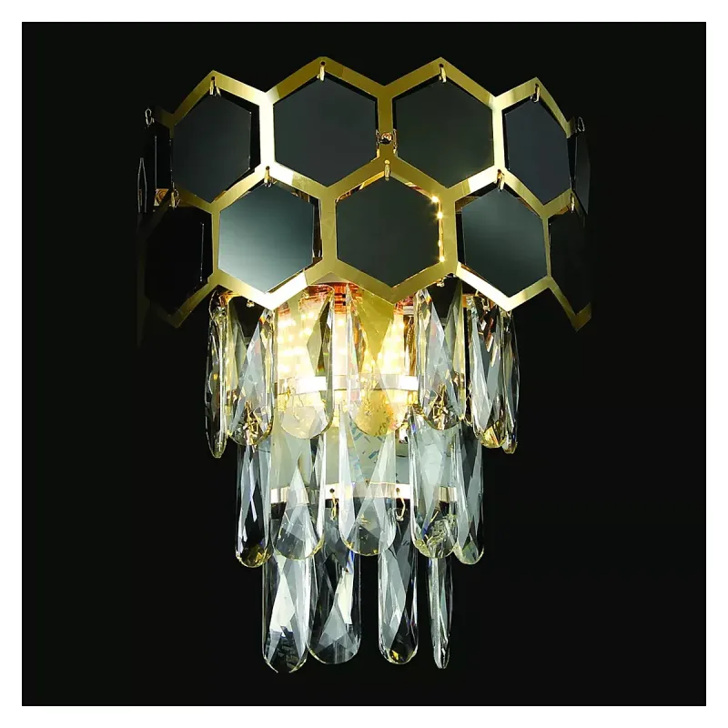 Arandela 29x23CM E14x2 INOX DOURADO E PRETO+CRISTAL TRANSPARENTE CX:15x22x26CM 1,3KG Sindora DCB01009
