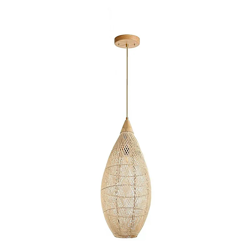 Pendente de Madeira Rattan Natural e Metal Dourado Soquete E27 35x85cm - Sindora DCD03514