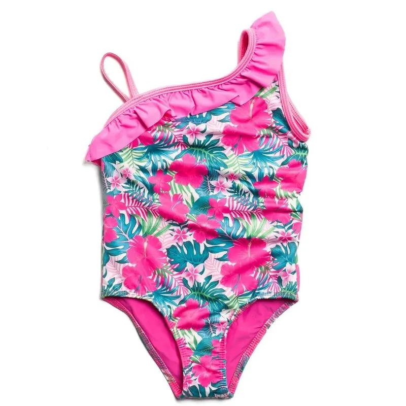 Maiô Infantil Rosa Pellin Floral com Babado e Proteção Solar