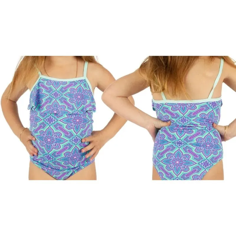 Maiô infantil Viés com Babado Azul Flores Roxo e Rosa Praia