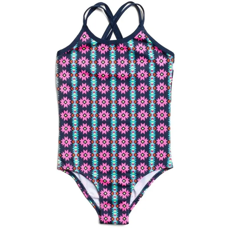 Maiô Infantil de Banho Azul e Rosa Estampado Alça Fina Praia